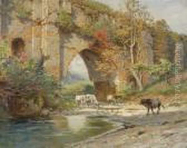 Kuhe Am Flussufer Unter Einem Bruckenbogen. Oil Painting by Franz Theodor Aerni