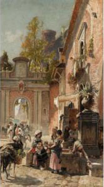 Gathering At The Water Fountain Oil Painting by Franz Theodor Aerni