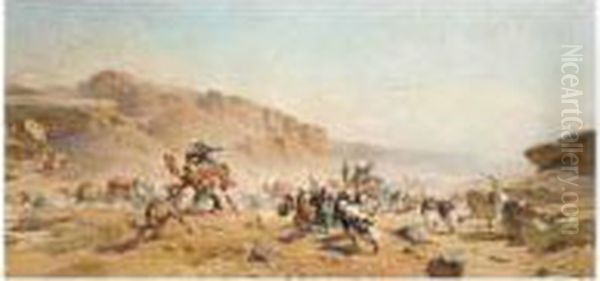 Angriff Auf Eine Karavane (attack On A Caravan) Oil Painting by Franz Theodor Aerni