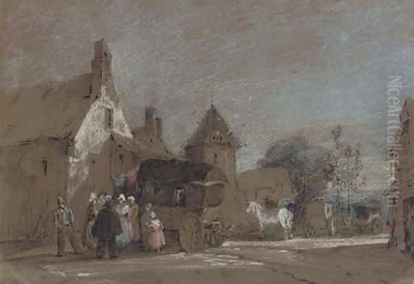 Figures disembarking from a carriage in a French village Oil Painting by Henry Bright