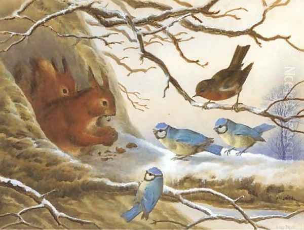 Red squirrels eating nuts on a snow covered branch before an audience of blue tits and a robin Oil Painting by Henry Bright