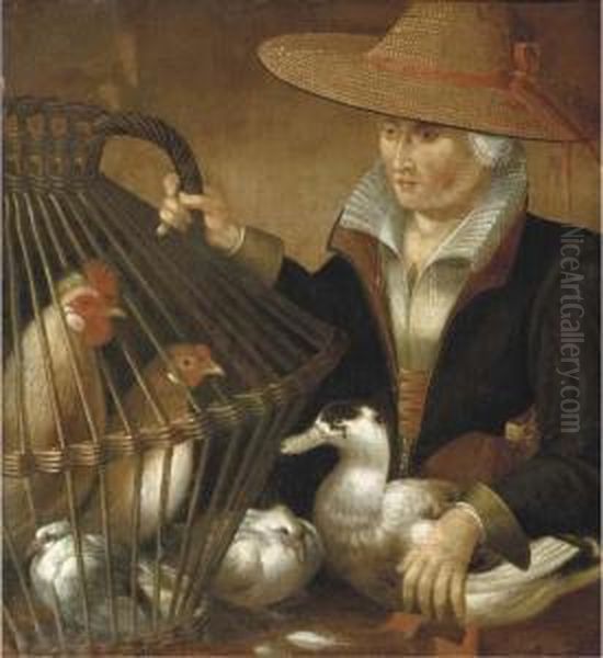 A Woman Holding A Duck And A Bird Cage With Chickens And A Dove Oil Painting by Pieter Aertsen