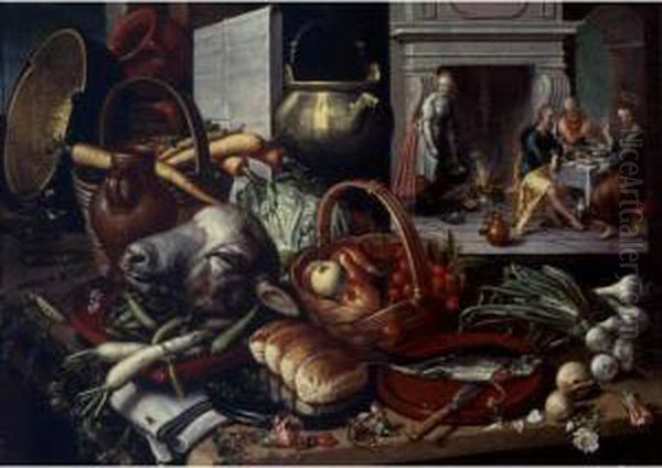 Kitchen Still Life With A Scene Of The Supper At Emmaus Beyond Oil Painting by Pieter Aertsen