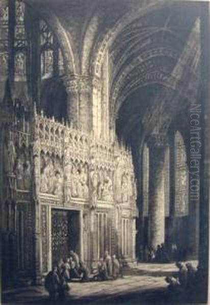 'cathedral Interior', Etching, 
62cm X 43cm, Signed In Pencil, Framed, Plus One Other Smaller Oil Painting by Andrew F. Affleck