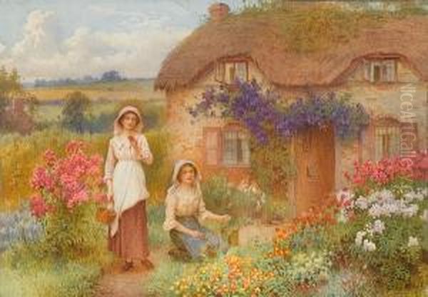 Young Women In A Cottage Garden Oil Painting by William Affleck