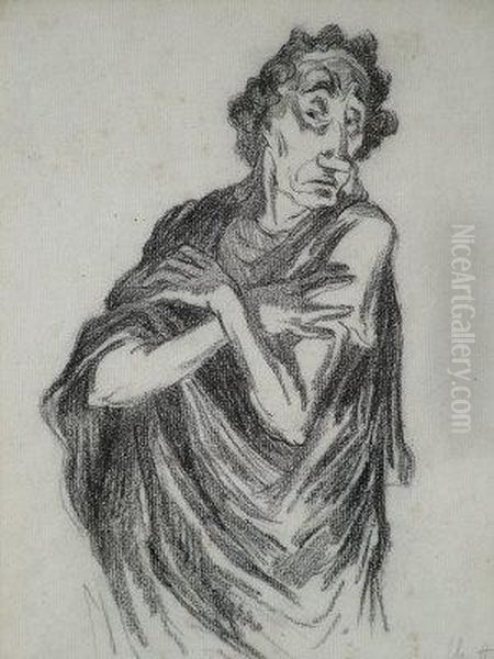 Theatrical Figure; Charcoal, Signed In Pencil, 24x19cm Oil Painting by Jean-Charles Cazin