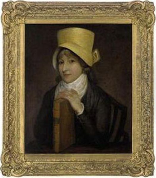 Portrait Of A Lady, Half-length,
 Seated In A Grey Dress And Yellowhat, Her Hands Resting On A Book Oil Painting by Jacques Laurent Agasse