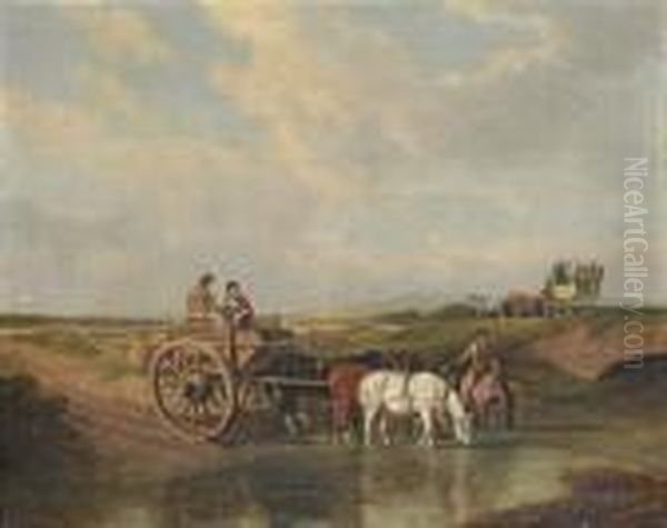 A Landscape With A Cart At A Ford, Farmhorses Watering, And A Coach Beyond Oil Painting by Jacques Laurent Agasse