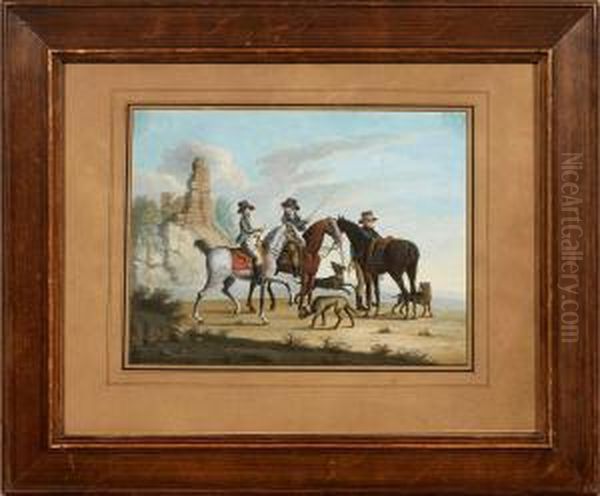 Aufbrechende Reitergruppemit Hunden Im Morgenlicht Oil Painting by Jacques Laurent Agasse