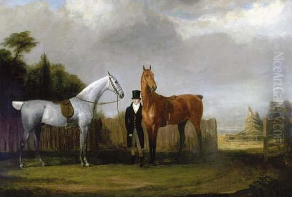 A Gentleman And His Two Favorite Horses Oil Painting by Jacques Laurent Agasse