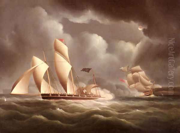 A British Frigate Attacking A Pirate Lugger At Night Oil Painting by James E. Buttersworth