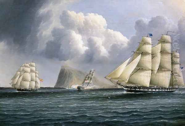 American Frigate off Gibralter Flying a Commodore's Pennant Oil Painting by James E. Buttersworth