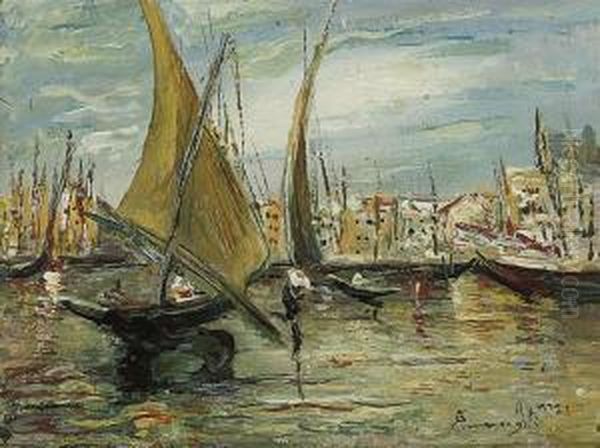 Fishing Boats Moored At The Harbour; And Fishing Boats At A Quay Oil Painting by Ermenegildo Agazzi