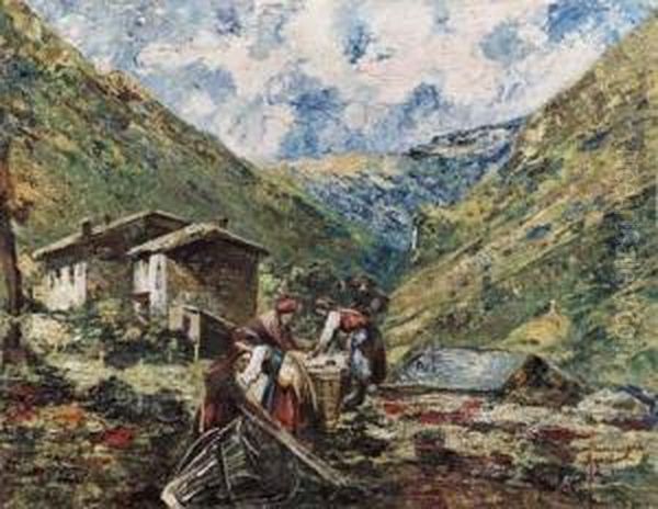 Paesaggio Montano Con Lavandaie Oil Painting by Ermenegildo Agazzi