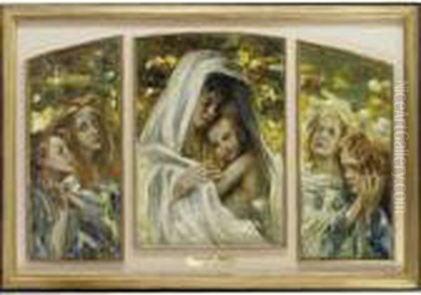 Trittico, Maternita Con Angeli Oil Painting by Ermenegildo Agazzi