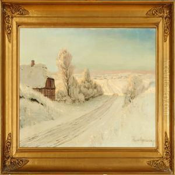 A Winter Landscape With A Thathced House Oil Painting by Hans Agersnap