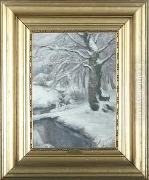 Wintry Scene With Forest And A Stream Oil Painting by Hans Agersnap