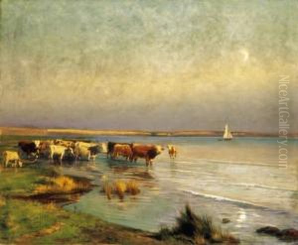 Cows By The Lake Balaton Oil Painting by Gyula Julius Agghazy /