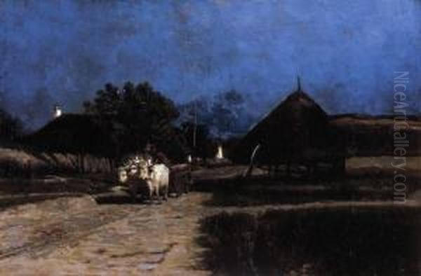 Night In The Village Oil Painting by Gyula Julius Agghazy /