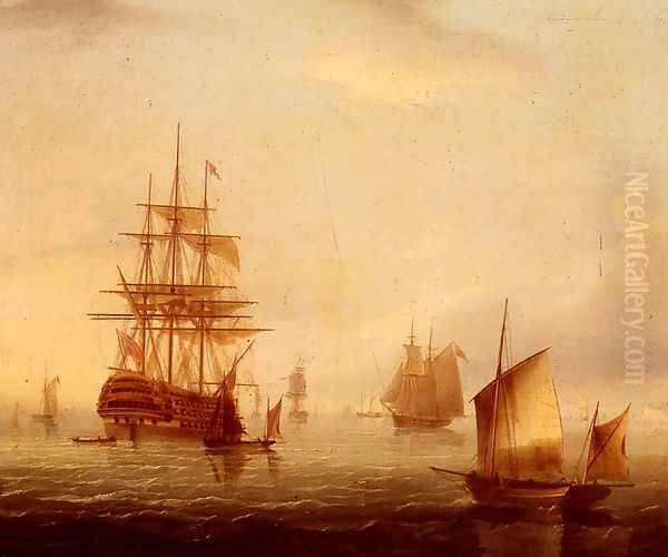 Sailing Vessels Off A Coastline Oil Painting by James E. Buttersworth