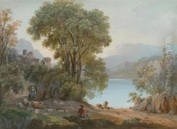 1. Castle Ruin By A Lake With 
Travellers On A Bridge. 2. Arcadianlandscape With Shepherd And Sheep. A 
Pair. Oil Painting by Agostino Aglio