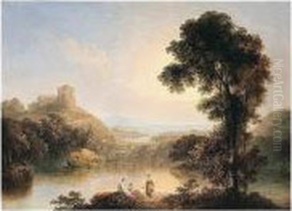 Italianate Landscape With Figures By A Lake Oil Painting by Agostino Aglio