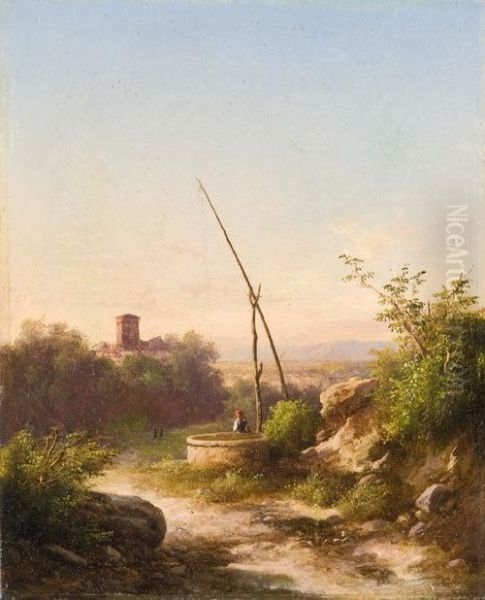 Contadina Nel Paesaggio Con Antico Borgo In Lontananza Oil Painting by Guido Agostini