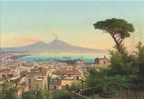 A Maiden On A Neapolitan Balcony, Vesuvius Beyond Oil Painting by Guido Agostini