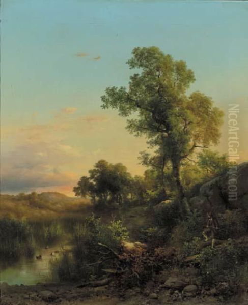 Maremma Presso S. Vincenzo, Tuscany: A Wooded Landscape With Ahuntsman Stalking Ducks Oil Painting by Guido Agostini