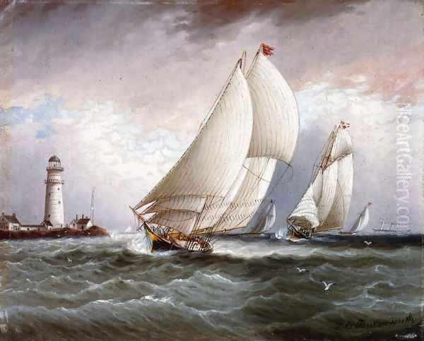 Yacht Race Near Lighthouse Oil Painting by James E. Buttersworth