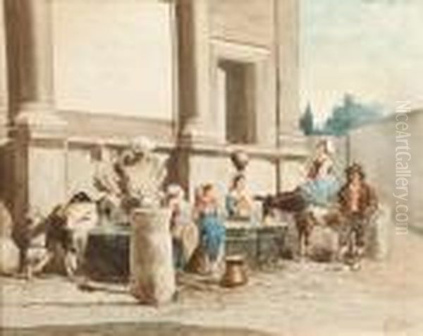 A Group Of Country People Gathered By A Water Trough Oil Painting by Joaquin Agrasot y Juan