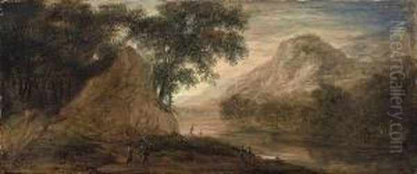 A Riverlandscape With Figures. Oil/panel Oil Painting by Christophe-Ludwig Agricola