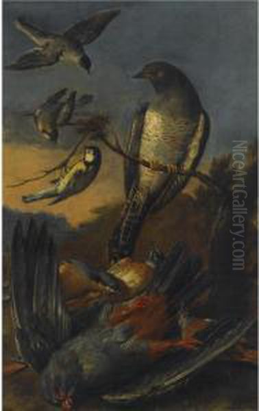 A Kestrel, A Great-tit And Other Birds In A Landscape Oil Painting by Christophe-Ludwig Agricola