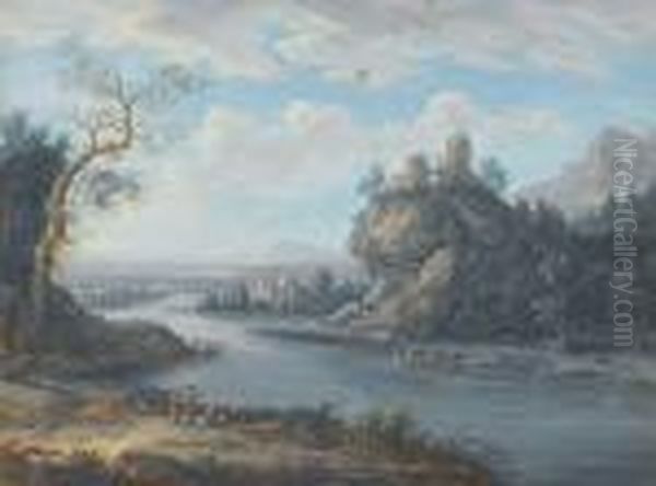 A Rocky River Landscape With 
Travellers On A Country Path And Figures Resting Beside A Waterfall; A 
River Landscape With Anglers In The Foreground And Travellers On A Path 
Beyond; A River Landscape With Figures Angling And A Village Beyond; And
 A  Oil Painting by Christophe-Ludwig Agricola