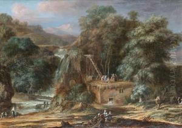 A River Landscape With Figures 
Constructing An Aqueduct Beside Waterfalls, Oriental Figures And Camels 
Nearby Oil Painting by Christophe-Ludwig Agricola