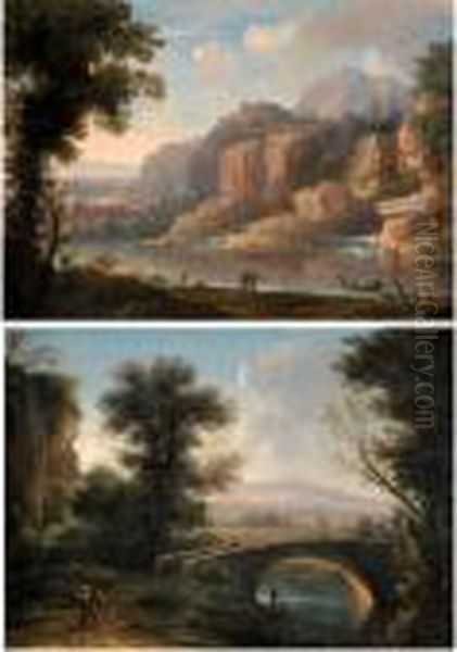 A Mountainous River Landscape 
With Figures By The Shore; A Southern Landscape With A Bridge Crossing A
 Small River Oil Painting by Christophe-Ludwig Agricola