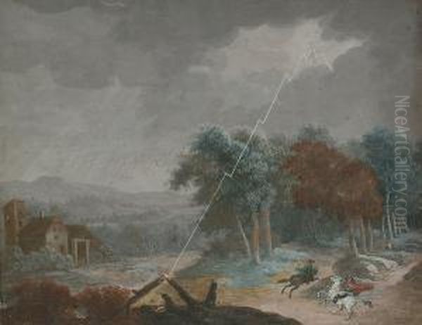 A Wooded Landscape With Horsemen Taking Shelter In A Storm Oil Painting by Christophe-Ludwig Agricola