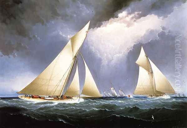 Mayflower Leading Puritan, America's Cup Trial Race, 1886 Oil Painting by James E. Buttersworth