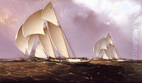 America's Cup Class Yachts Racing in New York Harbor Oil Painting by James E. Buttersworth