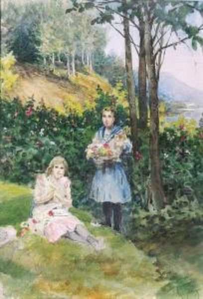 Zwei Madchen Mit Blumen In Einer Waldigen Landschaft Bei Einem See Oil Painting by Tito Agujari