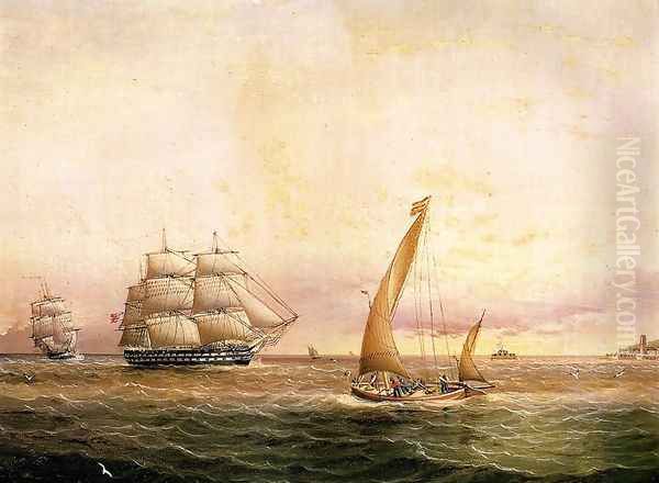 Two American Naval Vessels Entering Harbor Oil Painting by James E. Buttersworth