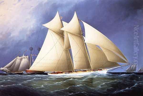 New York Yacht Club Schooner 'Columbia' Leading New York Yacht Club Schooner 'Dauntless' Rounding Sandy Hook Lightship in the Hurricane Cup Race Oil Painting by James E. Buttersworth