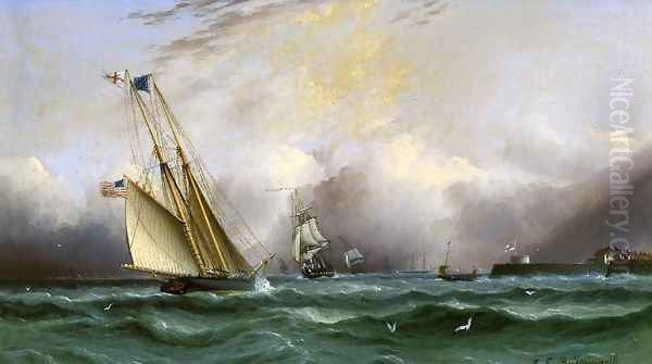 Schooner 'Columbia' off Portsmouth Harbor, England Oil Painting by James E. Buttersworth