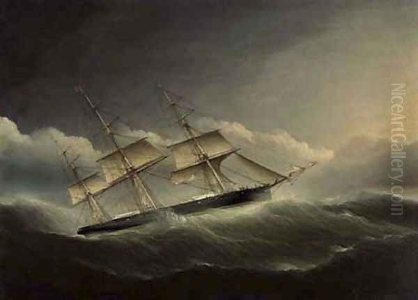 An American clipper ship battling through a hurricane under reduced sail Oil Painting by James E. Buttersworth