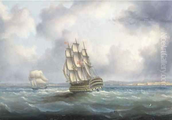 A British First Rate in the Atlantic with Cadiz off to starboard Oil Painting by James E. Buttersworth