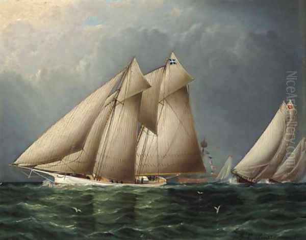 The Schooner Yacht Fenella Rounding Sandy Hook Lightship with Estelle Following Oil Painting by James E. Buttersworth