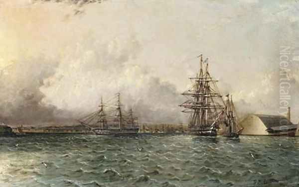 An American 74 Gun Ship Oil Painting by James E. Buttersworth