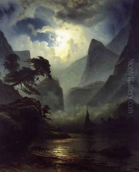 A Norwegian Fjord by Moonlight Oil Painting by Knud (Andreassen) Baade