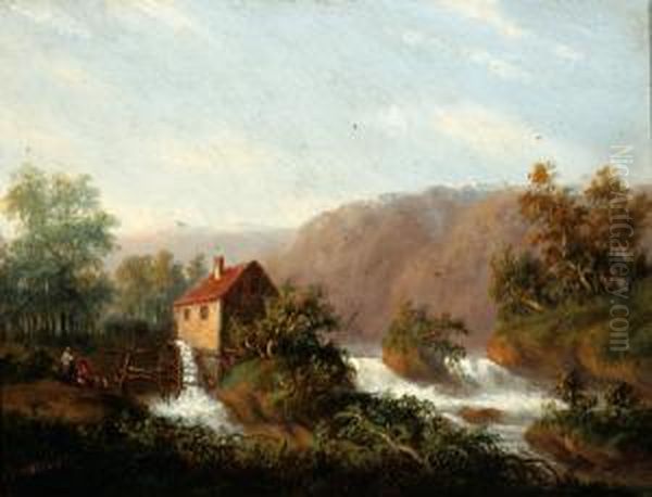 Figures By A Watermill On A River Oil Painting by Carl Eduard Ahrendts