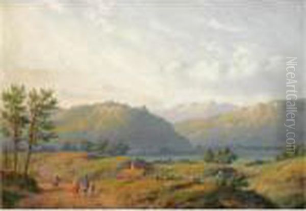 Figures In A Mountainous Summer Landscape Oil Painting by Carl Eduard Ahrendts